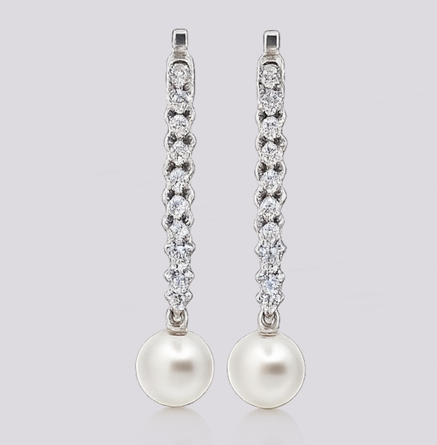 Brincos Ouro Branco Pérolas c/ Diamantes – Cód. 9010366