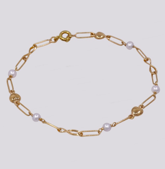 Pulseira Ouro com Pérolas e Corações – Cód. 7017516
