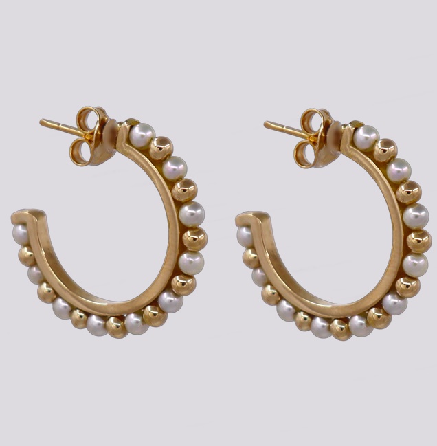 Brincos Argolas Ouro com Pérolas e Contas em Ouro – Cód. 9512810