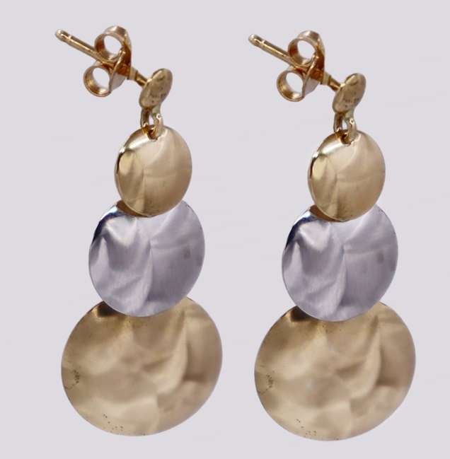 Brincos Ouro Bicolor com 3 discos martelados – Cód. 9804319